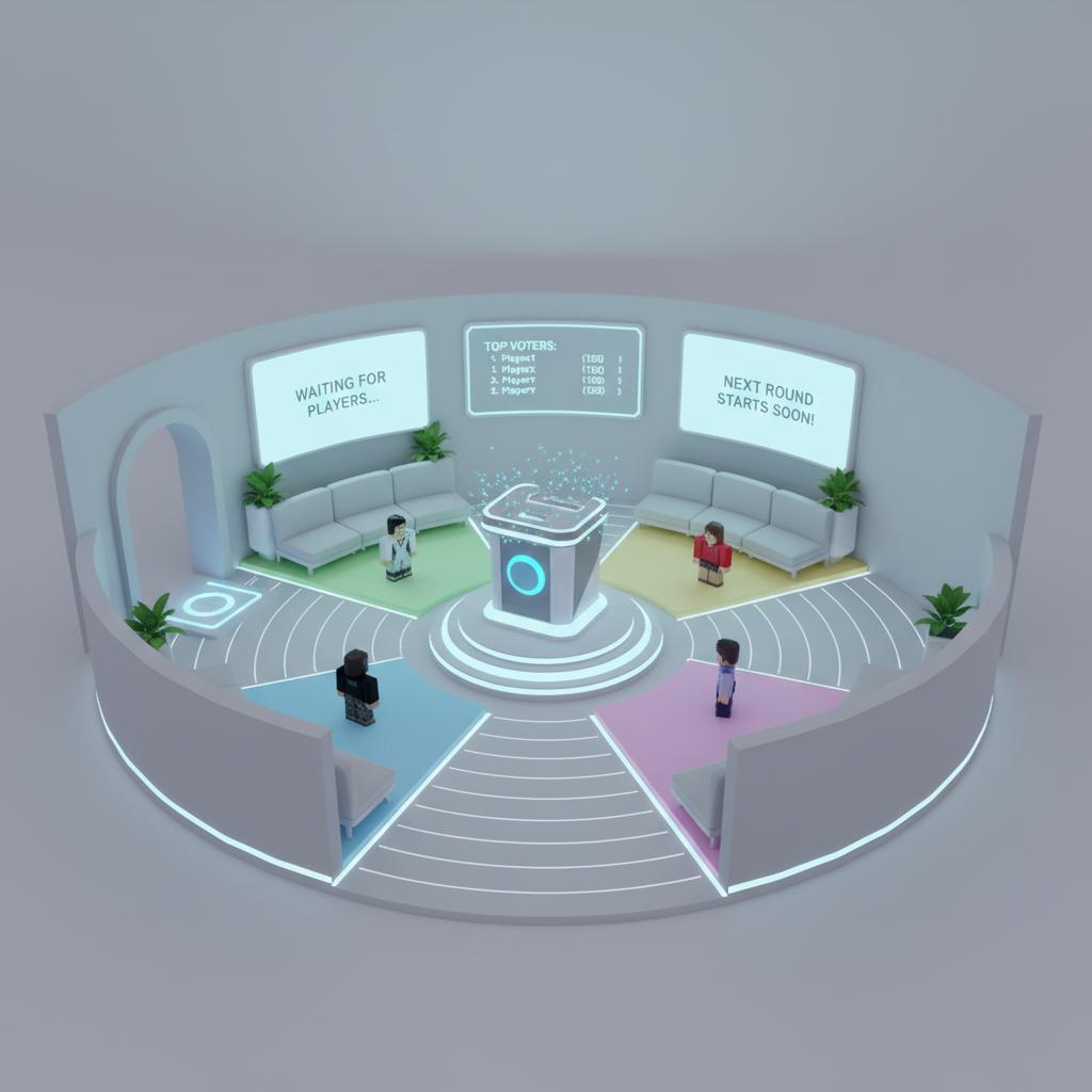 create me a roblox lobby design which is small and easy to make for my roblox game Voted where players get question in the round and then can vote a player but gimme a idea for the lobby not the round
