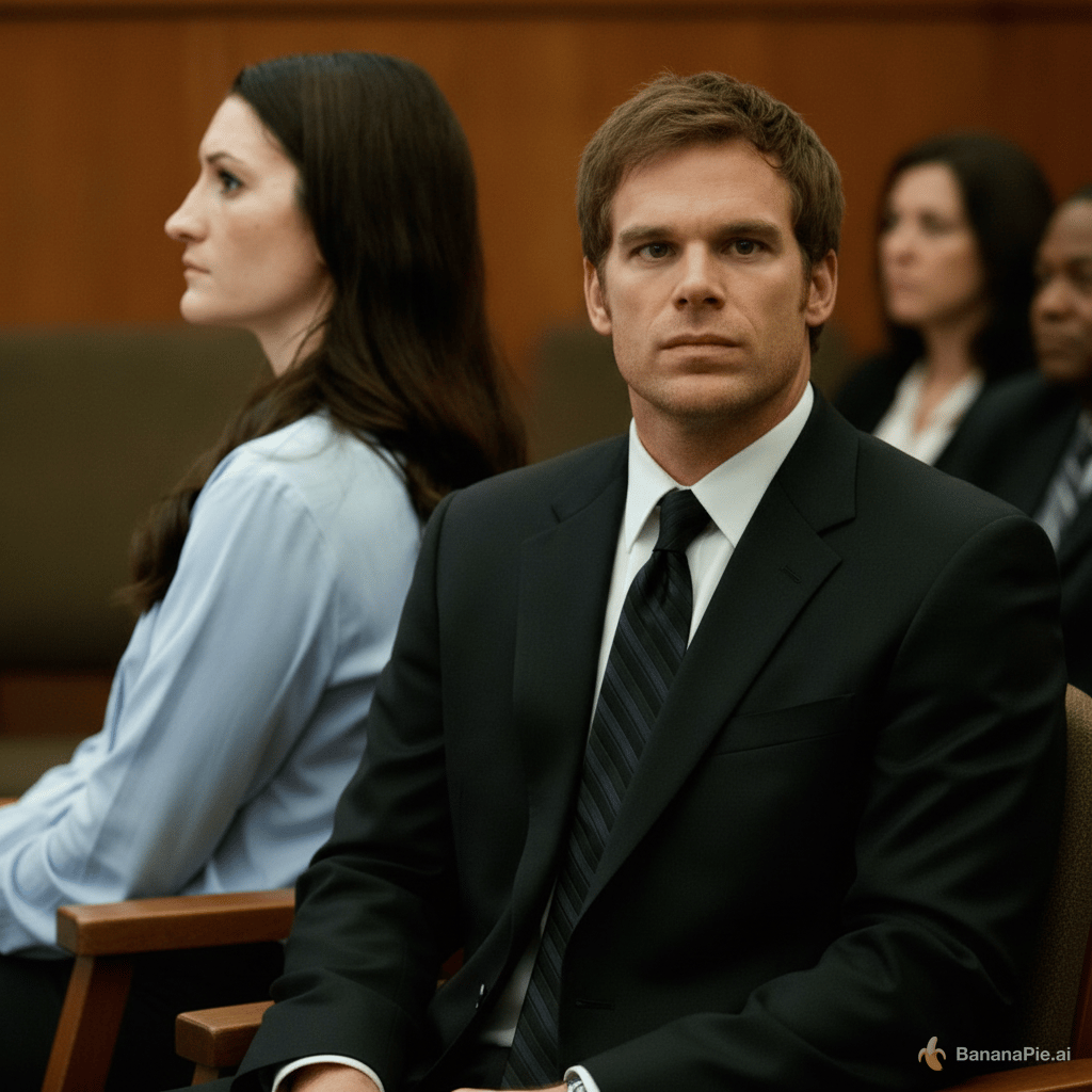 have dexter morgan sitting next to this woman on her right, looking at the camera, only slightly blurred out, show no emotion in his face, just staring into the camera, with a suit on