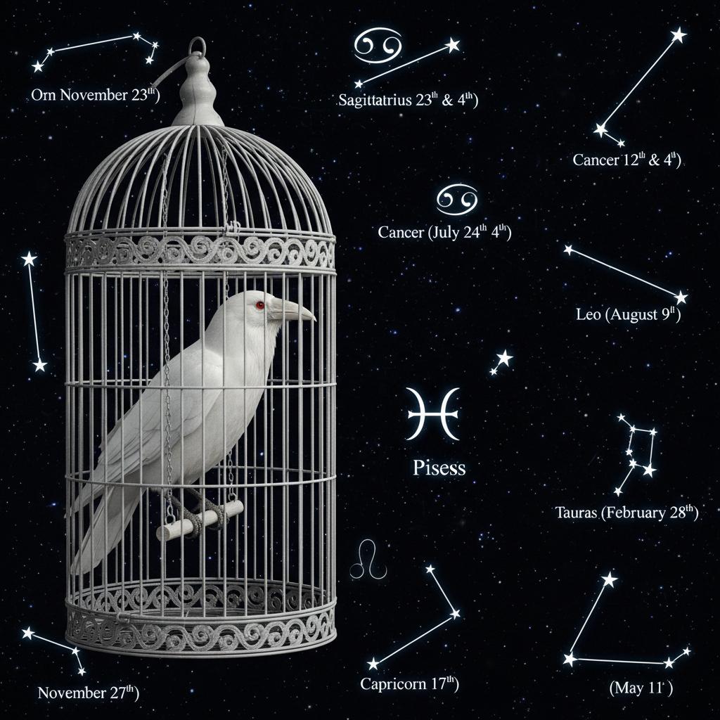 검은색 배경에 하얀 새장이 있는데 그 하얀 새장 안에 갖혀있는 하얀색 까마귀를 그려줘. 근ㄷ제 옆모습으로 부탁해 또한 검은
배경에 별자리를 그려줘 별자리로 그려주는데 11월 23일의별자리, 7월 12일과 4일, 24일의 별자리, 8월 9일의 별자리, 2 웡ㄹ 28일의 별자리, 1월 17일의 별자리 5월 11일의 별자리를 추가해주는데 겹치는 별자리는 생략해줘