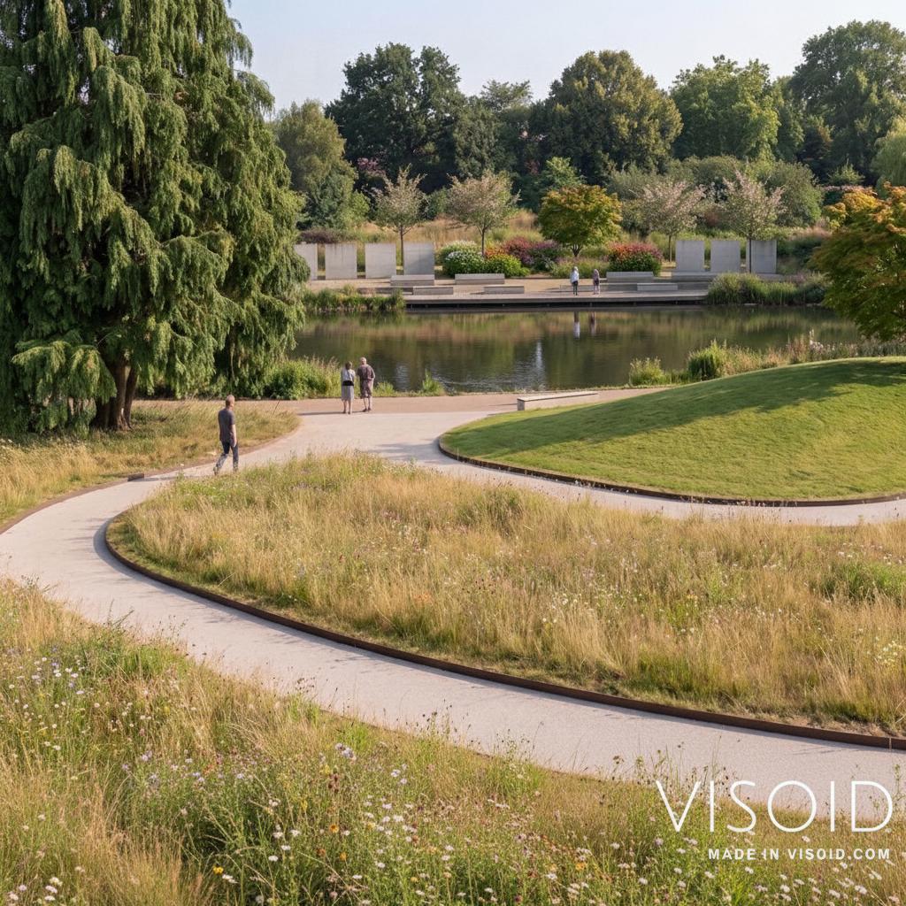 The image can be made even better if in the uphill behind  the concret square slabs are all laid down horizontally. On the right where two persons walk there is no pathway