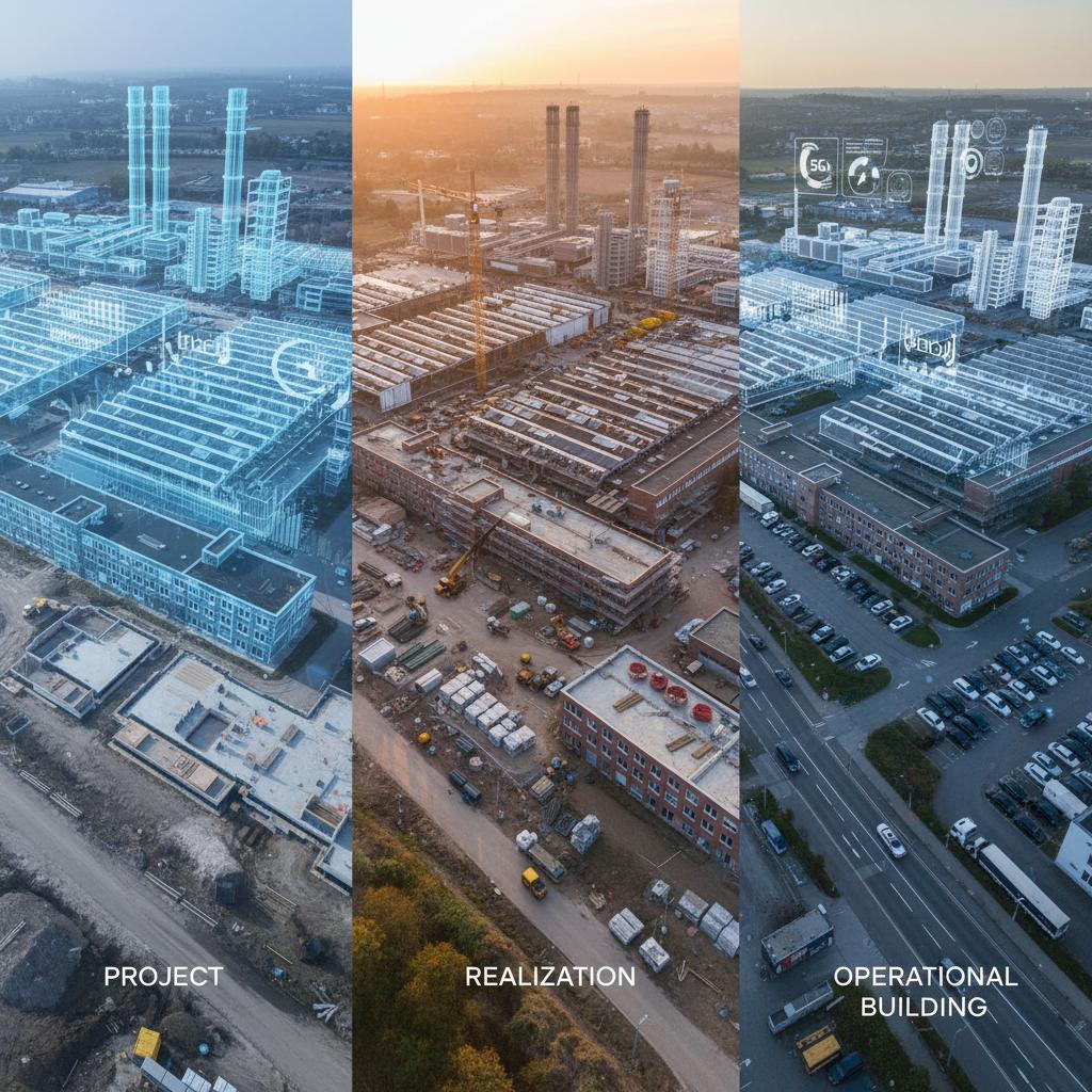 crea una immagine che definisca visivamente
PROGETTO → REALIZZAZIONE → EDIFICIO OPERATIVO