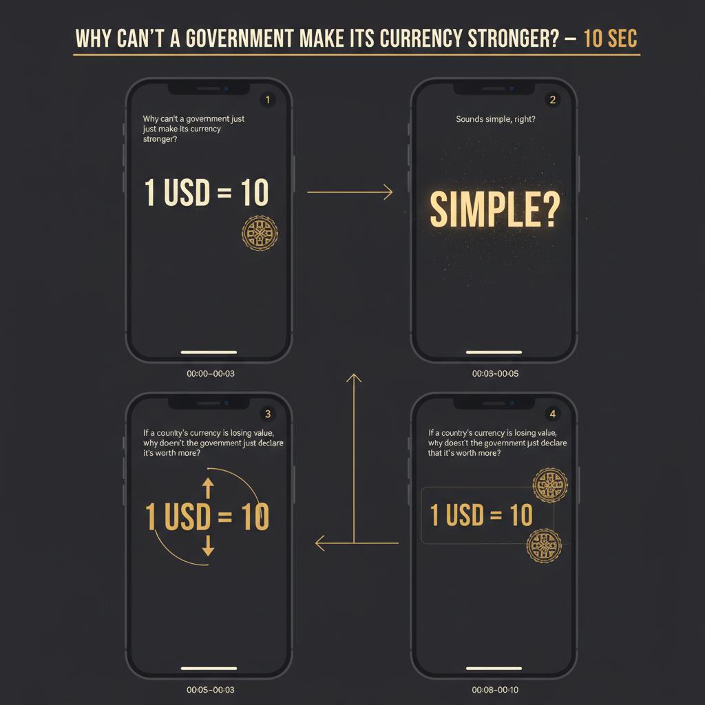 {
  "prompt": "Premium motion design storyboard, deep graphite background #0E0E10 everywhere, warm gold #C6A461 accents only, no other colors. Bold cream-white title 'WHY CAN'T A GOVERNMENT MAKE ITS CURRENCY STRONGER? — 10 SEC' with a thin warm gold underline. 4 iPhone 14 Pro mockups in a clean grid, dark graphite bezels, small gold circle number badges. NO people, NO presenter, NO faces, NO silhouettes anywhere in any panel — pure motion graphics only. All content in top 70% of each phone, bottom 30% always empty graphite. Every spoken phrase appears verbatim as a caption, with one single caption zone per panel.

Panel 1 (00:00–00:03) SPLIT CHOICE: cream-white caption 'Why can't a government just make its currency stronger?' in one single TOP caption block, below it a clean foreign-exchange graphic showing '1 USD = 10' in large cream-white numbers with a gold currency symbol and a government-style gold announcement seal, pure infographic, no people.

Panel 2 (00:03–00:05) FULLSCREEN KEY WORD: small cream-white caption 'Sounds simple, right?' directly above MASSIVE bold gold 'SIMPLE?' centered, soft warm glow, subtle gold particle dust drifting, the question mark gently oscillating.

Panel 3 (00:05–00:08) NUMBER HERO: cream-white caption 'If a country's currency is losing value, why doesn't the government just declare that it's worth more?' above a giant gold '1 USD = 10' centered, thin gold progress arc drawing around the number, small downward currency-value arrow morphing into an upward gold arrow.

Panel 4 (00:08–00:10) FULLSCREEN CONTENT / DIAGRAM: the exchange-rate card morphs from '1 USD = 10' toward a new official rate, gold government announcement seal slides into place, cream-white caption remains exactly 'If a country's currency is losing value, why doesn't the government just declare that it's worth more?', ending with the new number field ready to transform into the next panel.

Gold timing stamps under phones. Thin gold arrows between panels. Deep graphite everywhere, warm gold accents only, NO people/faces/presenter/silhouettes anywhere, bottom 30% empty, pure voice-over motion graphics.",
  "aspect_ratio": "9:16",
  "layout": "storyboard_grid",
  "panels": "4",
  "consistency": "deep graphite #0E0E10 background, warm gold #C6A461 accents only, NO people/faces/presenter/silhouettes anywhere, bottom 30% empty, every spoken word present verbatim as a caption, one caption zone per panel, pure voice-over motion graphics"
}