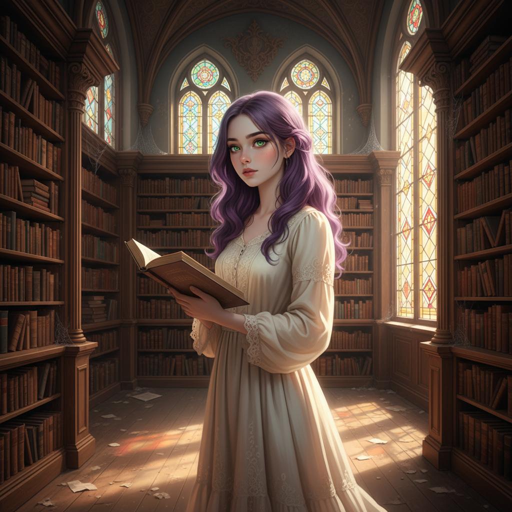 une fille adolescente qui a des yeux émeuraudes, des cheveux de couleur améthistes et la peau un peu plus pale que beige et sans aucun défaut. Elle est dans une bibliothèque.