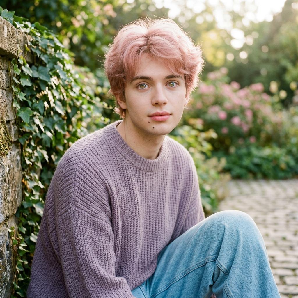 A young man, 20, fluffy, rose colored hair and a mole below my pillowy lips. bright, round, innocent golden eyes sparkle with flecks of blue in the light. fair skin like a dolls and an androgynous yet alluring, curvy body