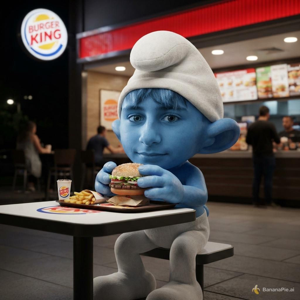 pon la cara de este tio en el cuerpo de un pitufo comiendo en un burger king de noche