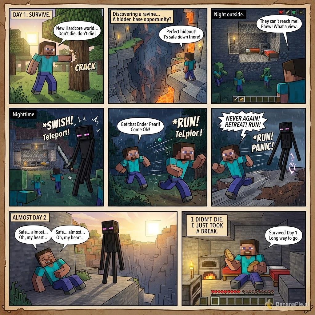 Create a comic-book page based on a Minecraft Hardcore survival challenge.

The main character is a Minecraft player who has just started a Hardcore world and is desperately trying to survive. The comic should tell the story in several dramatic but funny panels:

Panel 1: The player begins their new Hardcore world, gathering basic resources and looking around nervously. Add a dramatic caption like “DAY 1: SURVIVE.”

Panel 2: The player explores and discovers a large ravine leading down into a cave. They realize the cave can serve as an emergency escape route and decide to build their temporary shelter on the side of the ravine. The shelter should look simple and improvised but surprisingly safe.

Panel 3: The player notices hostile mobs nearby but realizes that almost none of them can reach the shelter. The player looks extremely relieved while mobs wander around below.

Panel 4: The player encounters an Enderman. Instead of immediately running away, they attempt to farm it for valuable loot. The Enderman becomes difficult to deal with, and the player quickly realizes this was probably not their smartest idea.

Panel 5: The player retreats back toward their cave while the Enderman remains behind. Make this panel comedic, with the player looking terrified but determined.

Panel 6: The player returns safely to their shelter and looks out from the ravine. The sun is beginning to rise, signaling that Day 1 is almost over. Add a dramatic caption: “ALMOST DAY 2.”

Final panel: The player sits safely inside their cave shelter, exhausted but victorious. Show the Minecraft Hardcore hearts prominently on the screen, all still intact. Add a final caption: “I DIDN’T DIE. I JUST TOOK A BREAK.”

Style: Minecraft-inspired 3D blocky visuals combined with a dramatic comic-book layout, expressive characters, cinematic lighting, action lines, speech bubbles, humorous facial expressions, clear panel borders, and a mixture of intense survival moments and comedy. Keep the Minecraft aesthetic recognizable, with blocky terrain, caves, mobs, ravine, tools, and recognizable Hardcore survival elements. Make it feel like an actual comic about one player's ongoing Hardcore survival story.