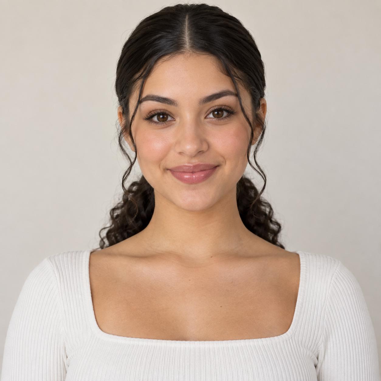 Girl with a thick, sleek low curly ponytail. All of her hair should be behind her body and her hair should be visible on both sides of her neck. This is a front view of the girl.