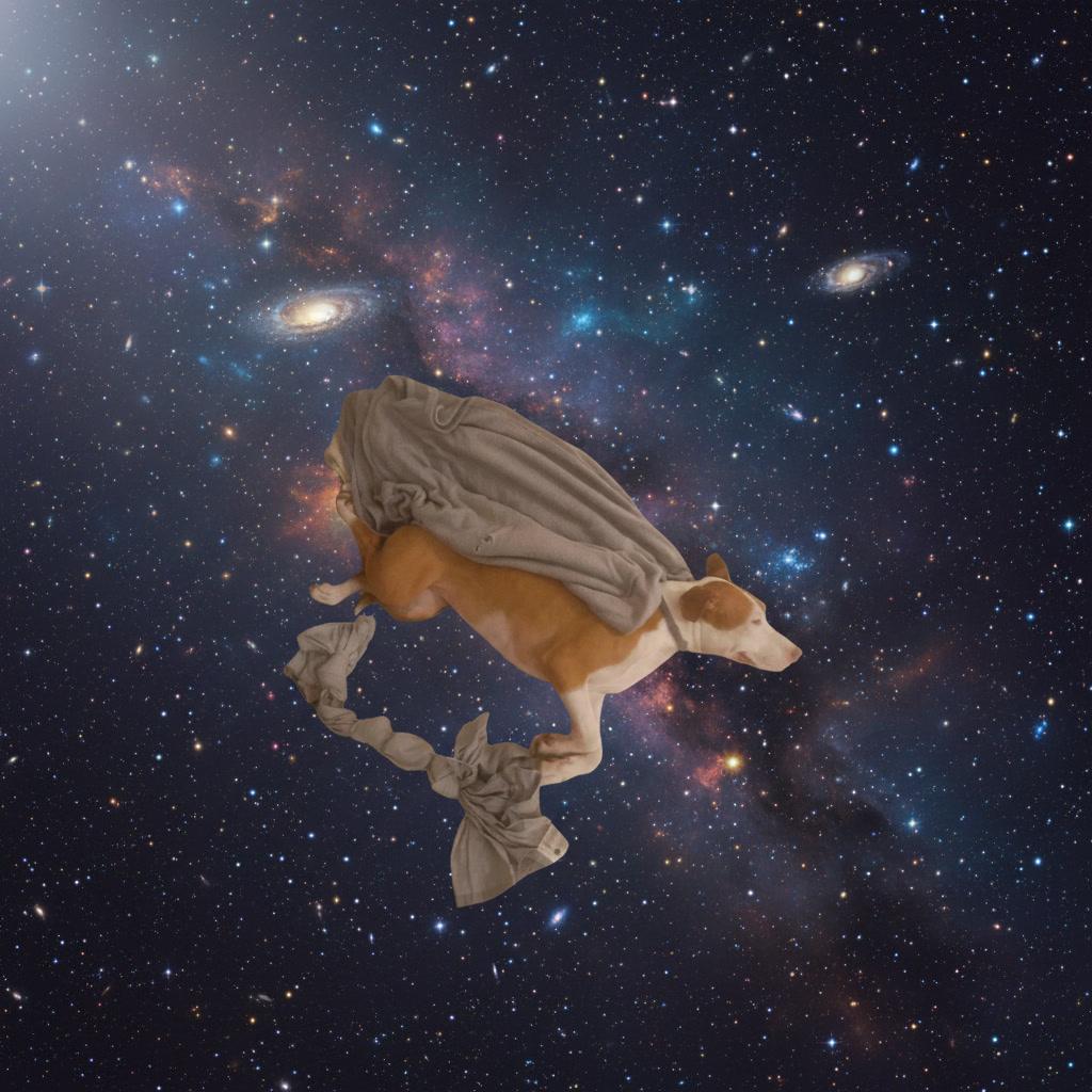Quiero que borres el fondo y hagas L perro volar por el espacio