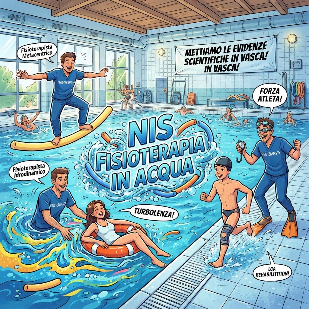 Un’illustrazione in stile fumetto/cartoon stile marvel. Al centro: Una grande piscina riscaldata vista di trequarti. All'interno dell'acqua, un gruppo di fisioterapisti (riconoscibili dalla classica divisa/maglietta con la scritta "Fisioterapista") lavora in perfetta armonia e allegria. Il Fisioterapista "Metacentrico": Un fisioterapista in equilibrio precario ma sorridente sopra un noodle/tubo galleggiante. Il Terapista "Idrodinamico": Un collega che spinge leggermente l'acqua creando vortici colorati (turbolenze) mentre assiste un paziente felice e rilassato che galleggia con un salvagente. Il Fisioterapista con le Pinne e il Cronometro: Un fisioterapista a bordo vasca che fa il "tifo" per un atleta in riabilitazione da LCA che corre in acqua bassa. Elementi Simbolici del NIS: Al centro della vasca, le onde dell'acqua e i tubi galleggianti si intrecciano formando la scritta stilizzata "NIS FISIOTERAPIA IN ACQUA". Sulle pareti della piscina o sul tabellone luminoso si legge uno striscione con uno slogan simpatico: "Mettiamo le Evidenze Scientifiche in Vasca!"