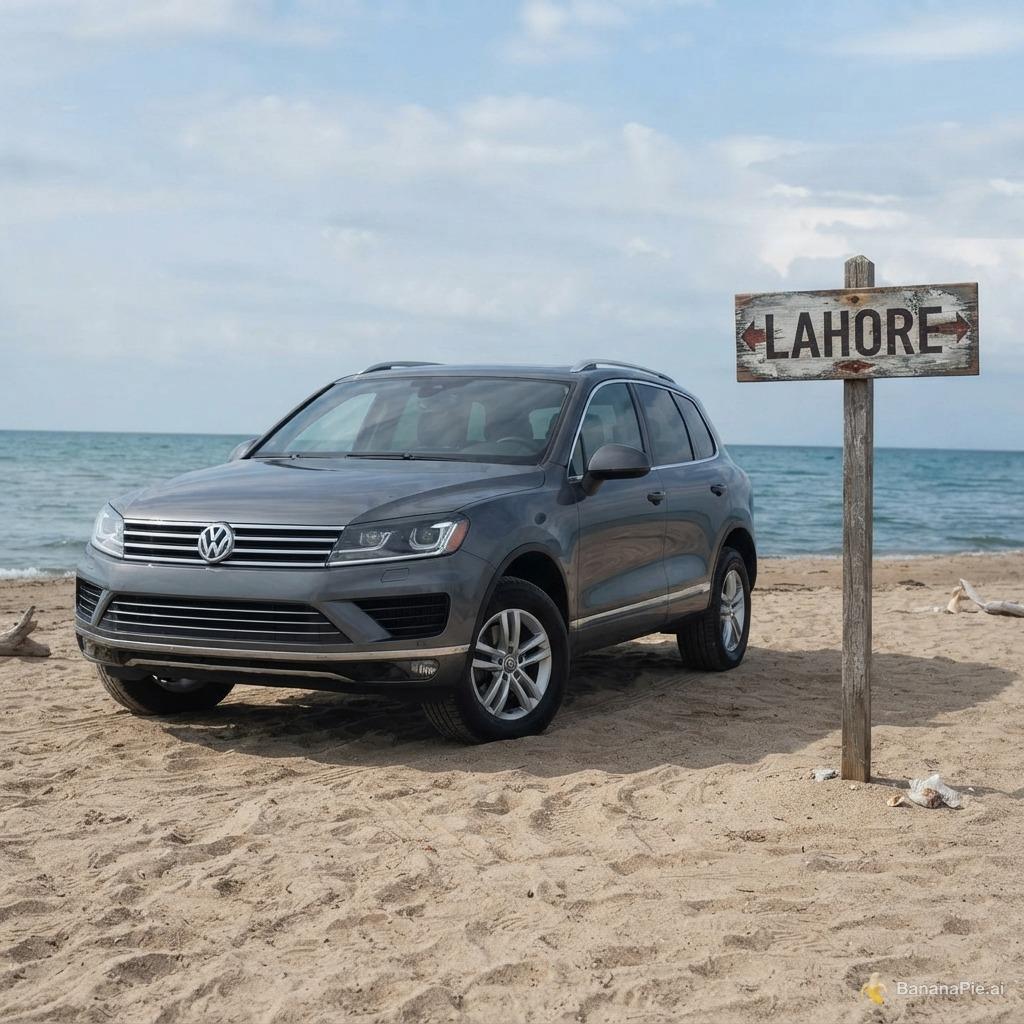 Do the same car in the image but make it on land (sand) and next to it a sign that says Lahore