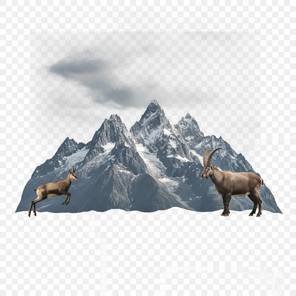 image haute qualite des dents du midi en valais avec le fond en transparent avec decale sur la droite a exterrieur de image un bouquetin et sur la droite a exterieur de image un chamois image decoupée iregulierrement