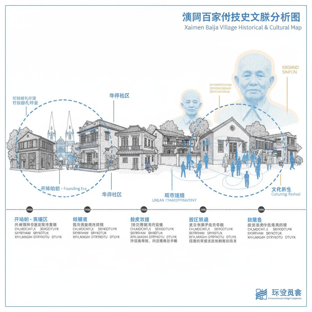 生成类似图一表现形式的历史文脉分析图分析厦门百家村老社区的历史色调参考图二要符合环设竞赛风的,图片内容要符合厦门百家村老社区的历史文脉,色调以蓝为主,文字要中英结合