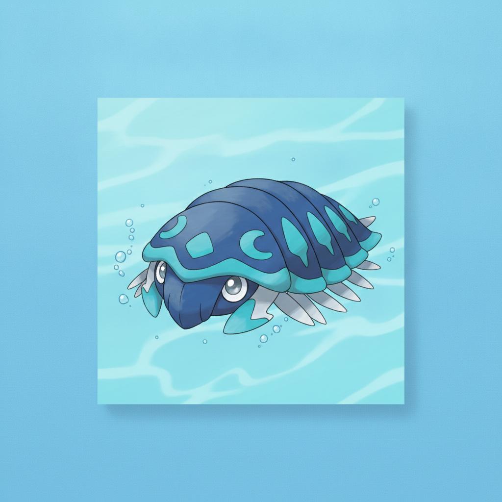 Subject: A detailed, clean-line digital illustration of a Water-type Trilobite Pokémon named 'Trilobyte'.
Style: The distinct, clean-line, cel-shaded art style of modern Pokémon Trading Card Game (TCG) illustrations (matching the 'Pincurchin-ex' card art in image_16.png). It must be a clean, standalone artwork.
Composition & Framing: The Trilobyte Pokémon is positioned centrally, facing slightly forward, within a perfectly clean, square-shaped window frame (identical to the art window in image_16.png). The background outside the window is a simple, textured, light-blue gradient, and the background inside the window is a clean, minimalist light cyan, with only subtle, abstract stylized water ripple patterns.
Character Details: Trilobyte has a complex, segmented carapace colored in deep sapphire blues, with brighter turquoise and cyan bioluminescent-like accents along the edges of its head shield (cephalon) and body segments (pleura). Its eyes are large, compound, and reflective, with a soft glow. Numerous intricate, delicate gill-legs are visible underneath its body, kicking up fine, stylized water particles and micro-bubbles (replacing the electrical sparks from the Pincurchin-ex art).
Important Negative Constraints:
NO TEXT of any kind (no artist signature, no card stats, no set logos).
NO CARD BORDERS (the image should be just the artwork, framed as described).
NO WATERMARK (the 'Illus. POQU' and 'SVPEN' credits are removed).
NO BACKGROUND CLUTTER (the background must be clean and minimalist, matching the original art).
Lighting & Finish: Bright, even, studio lighting. The final image must be a pristine, high-resolution digital artwork suitable for placement on a custom card.