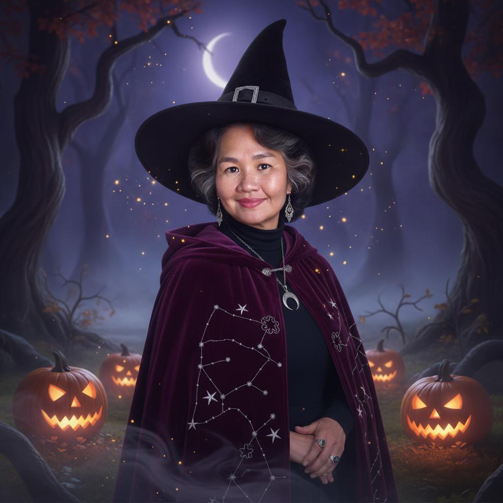 Create a photorealistic enchanting Halloween witch portrait using the woman’s face, identity, hairstyle, age, and natural expression from
user portrait reference
@user portrait reference
Change
. Transform her into an elegant, benevolent witch in a deep plum velvet cloak with subtle embroidered stars, a refined wide-brim black witch hat, and delicate antique silver jewelry. Place her in a moonlit autumn forest clearing with twisted branches, glowing pumpkins, soft mist, tiny floating golden sparks, and a faint luminous crescent moon behind her. Rich violet, indigo, and warm amber lighting; flattering soft key light on the face; natural skin texture; realistic fabric and hair detail; magical but sophisticated atmosphere; editorial fantasy photography; shallow depth of field; composed as a polished portrait with clear facial detail and graceful posture. No gore, no horror makeup, no text, no watermark. Keep the face recognizable and preserve the person’s distinctive features