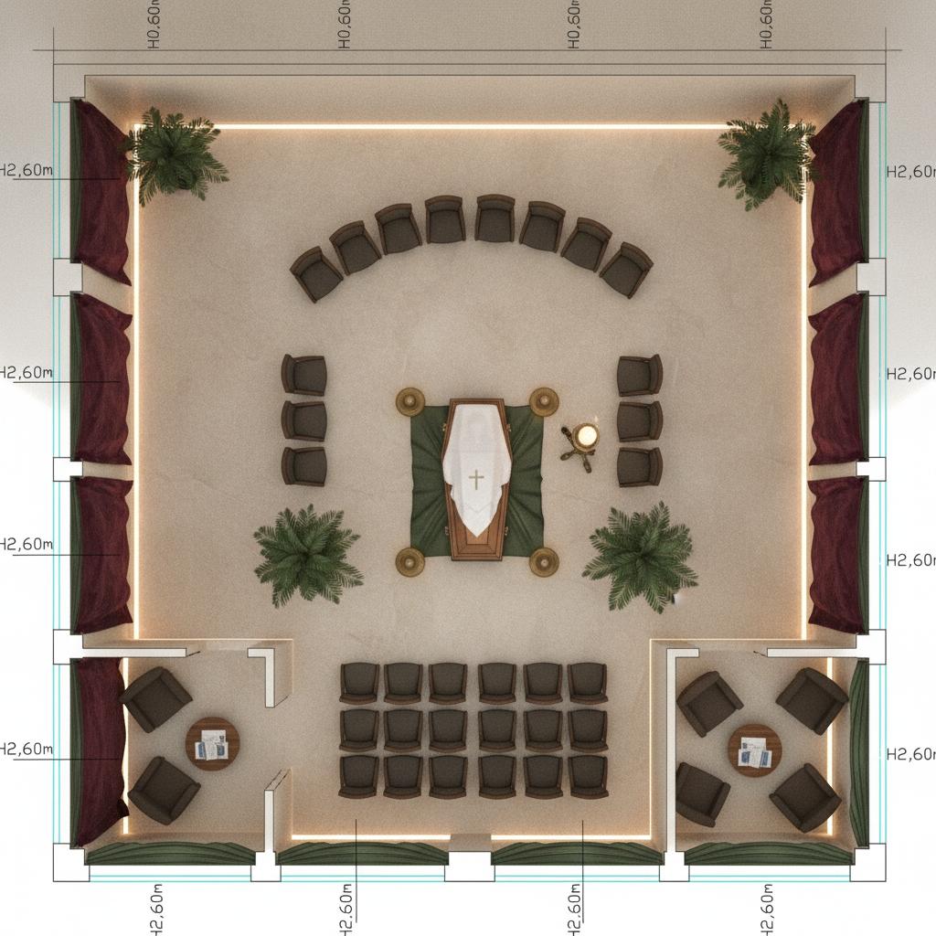 ciao ti allego una piantina di una casa funeraria, troverai le misure, l'altezza interna è di 2,70 m, l'unità immobiliare è suddivisa in 3 sale principali, la 1 la più grande è adibita ai riti religiosi con la sua sala d'attesa, la 2 e la 3 sono sale del commiato. l'azzurro indica che ci sono finestre, sono alte 2,60 m tranne una che è una finestrella con h davanzale 2 m, creami l'arredo partendo dalla chiusura delle finestrone all'interno della sala 1 con tendaggi adeguati per il luogo, posizionamento salma, sedie, decori come cero e predisponi un impianto di illuminazione con striscia a led. Crea il tutto come vista dall'alto rispetto alla pianta che ti ho allegato