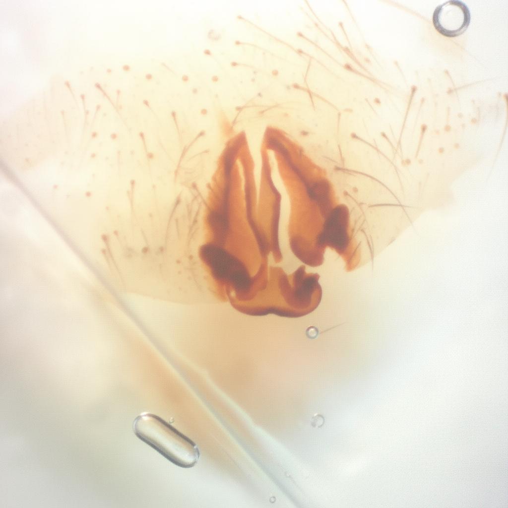 Tengo una imagen de la genitalia de una araña en portaobjetos.. Pero al montarla dicha estructura se partió un poco, por lo que mi pregunta es ¿siendo fiel a la imagen inicial, podrías recomponerla a su estado original?  
Es decir, lo que quiero es que reconstruyas la parte rota haciendola coincidir con la parte inferior y manteniendo la escla y tamaño de imagen