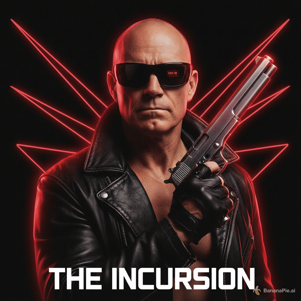 Photorealistic 1980s sci-fi movie poster, portrait orientation. A middle-aged man with a shaved head, matching the face in the reference photo exactly, staring straight at the camera with a stern, stoic expression. He wears black rectangular wraparound sunglasses with a small red digital HUD readout glowing on the lens. Worn black leather jacket open over a bare chest, fingerless black leather glove, holding a long-barrel pistol with a laser sight up near his shoulder. Pure black background with sharp red neon light streaks fanning out behind him like wings. Dramatic low-key lighting with a red-and-magenta rim glow on the skin, film grain, high contrast, and a cinematic 35mm look. Bold white futuristic wide-spaced title text at the bottom.