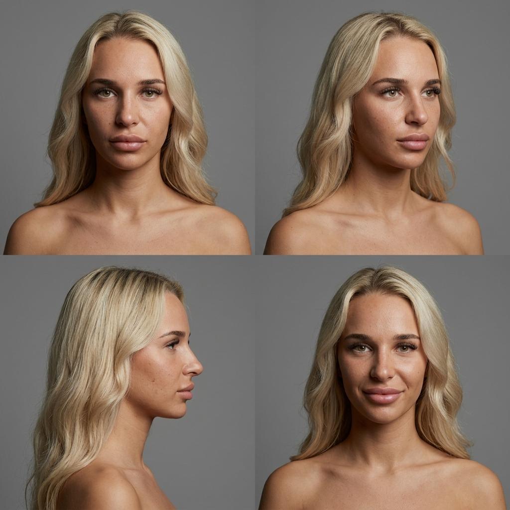 2x2 grid, 4-panel character reference sheet of the same woman from reference images, extremely consistent likeness, identical facial features, hairstyle, and lighting across all panels. Head and bare upper shoulders framing in every panel, solid grey background. SUBJECT: Use reference images. PANEL LAYOUT: - Top-left: front-facing - Top-right: 3/4 angle - Bottom-left: full side profile - Bottom-right: front-facing, smile - LIGHTING (relight from scratch, override any reference lighting): one broad diffused source from camera-left and slightly above, soft triangle of light on the shadow-side cheek, gentle light wrap across the face, no hard shadow edges, no rim light, no hair light, no kicker, low-contrast milky look. SKIN: subsurface scattering reading as semi-translucent living biology. Never plastic, never waxy AI render, never glass-skin, never harsh. Visible subtle natural skin imperfections: pores, fine lines, natural tone variations, faint texture on cheeks and chin. TECHNICAL: shot on an 85mm lens at f/8, raw uncompressed photography style, 8K resolution, hyper-realistic skin texture, high fidelity, photorealistic portrait, extremely consistent likeness, freckle pattern, and details across all four panels.