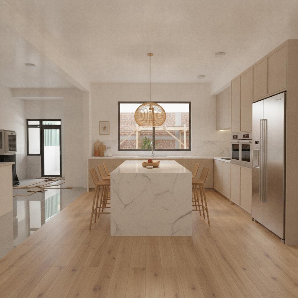 pls help me design for the living room, dining area, kitchen area by generate out separate image,  pls note that the window only exist at the living room, kitchen area and the room at ground floor because this is a terrace house. Pls design it in a more light warm style, we probably will change the floor to light brown color by using SPV floor map, and also the dining table can be circle or rectangle. The kitchen if possible help me design 1 dry kitchen and we will be extending the wet kitchen outside the house by using the small garden area.