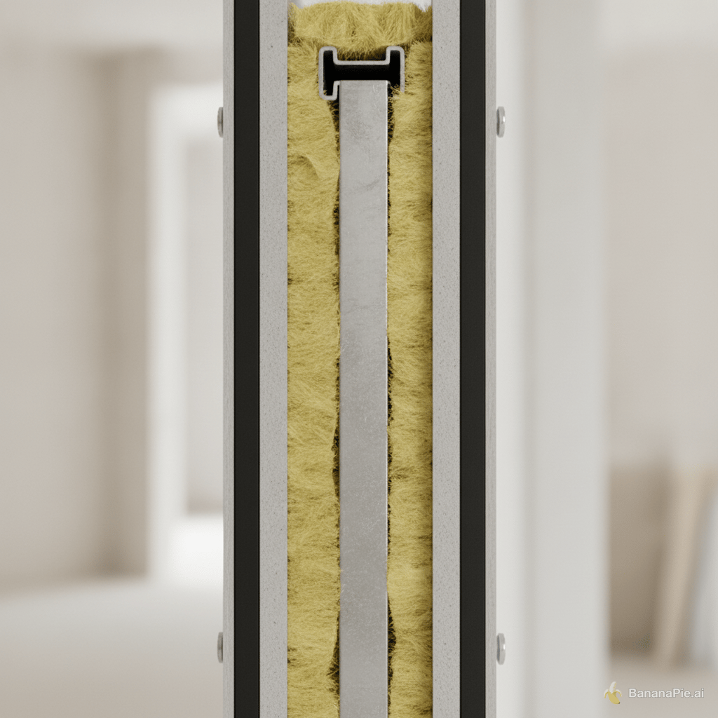 fammi una foto realistica di questa sezione così composta: montante 75mm per cartongesso all'interno la lana di vetro ed unalastra per lato composta da cartongesso da 12,5 ed  una massa elastomerica nera da 2,5mm