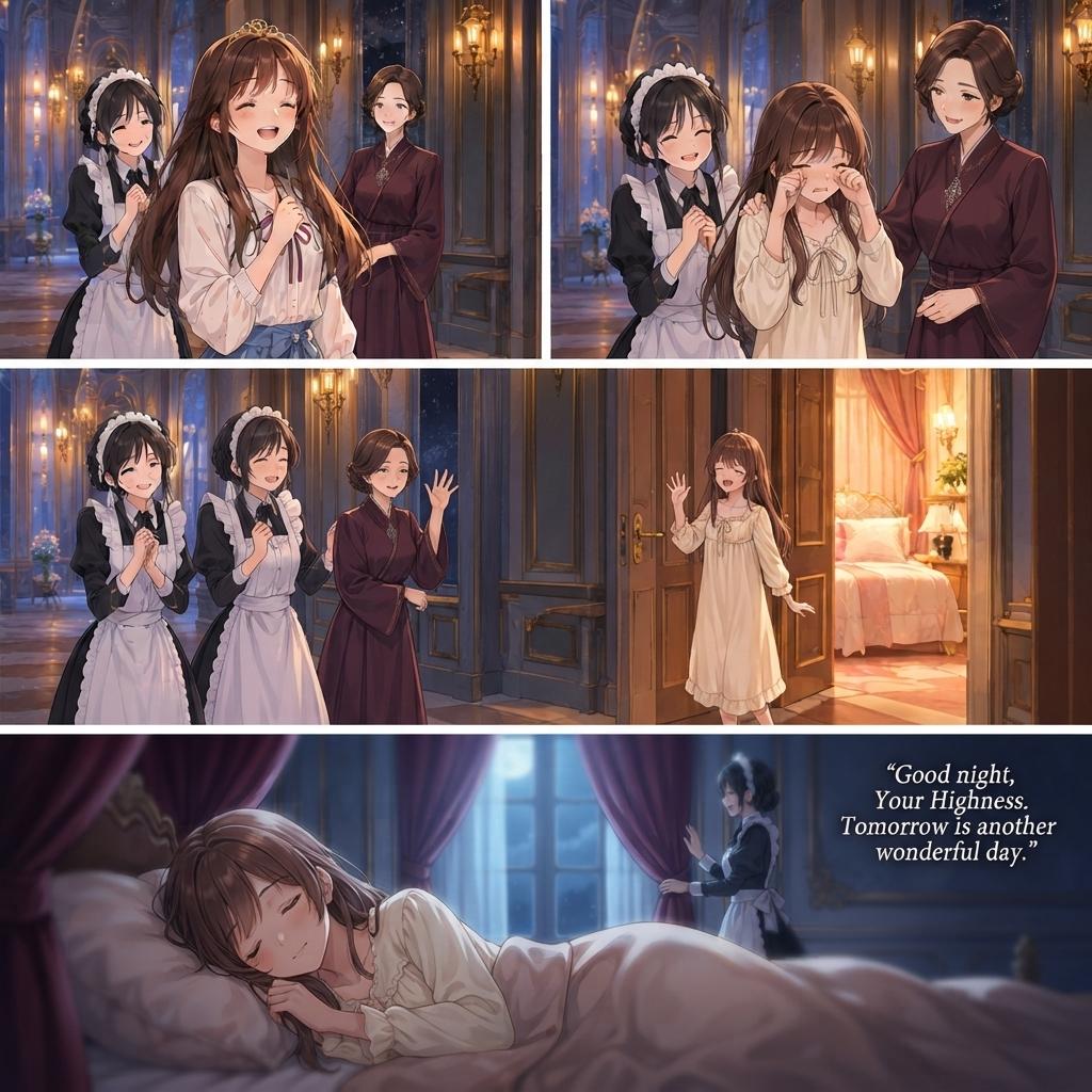 In the royal palace during the evening, the princess, teacher, and maid return together and talk peacefully in the palace hallway. The teacher tells the princess that it is already late and she should go to bed. The princess says that she had a wonderful day but is tired, while the maid reminds her that she has class tomorrow. The princess confidently promises that she will attend the lesson properly tomorrow. She then returns to her bedroom, says good night to the teacher and maid, and falls asleep peacefully as the maid closes the curtains and moonlight shines through the window, slow camera pull-back, warm emotional atmosphere, cinematic Japanese fantasy anime ending.