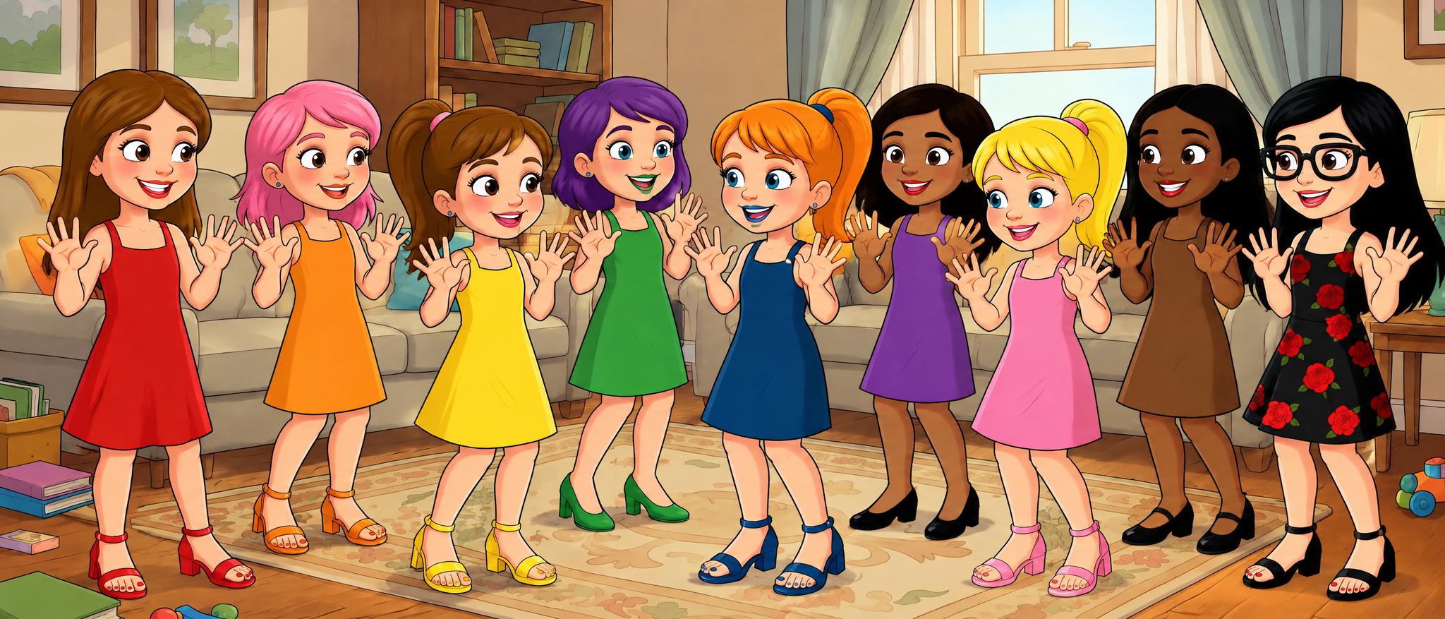 The cartoon girls all stay the same in the pic, but have five fingers on their hands only image fix and no blurry fingers and have their hands up and look at each other and the dark black skinned girl in the brown dress is wearing flat velcro black leather Mary Jane shoes with her feet in them matching the second pic and the girl in the orange dress has orange nail polish on her toenails, and the girl in the pink dress has light pink toenail polish on her toenails, and the girl in the yellow dress has yellow nail polish on her toenails @Create image