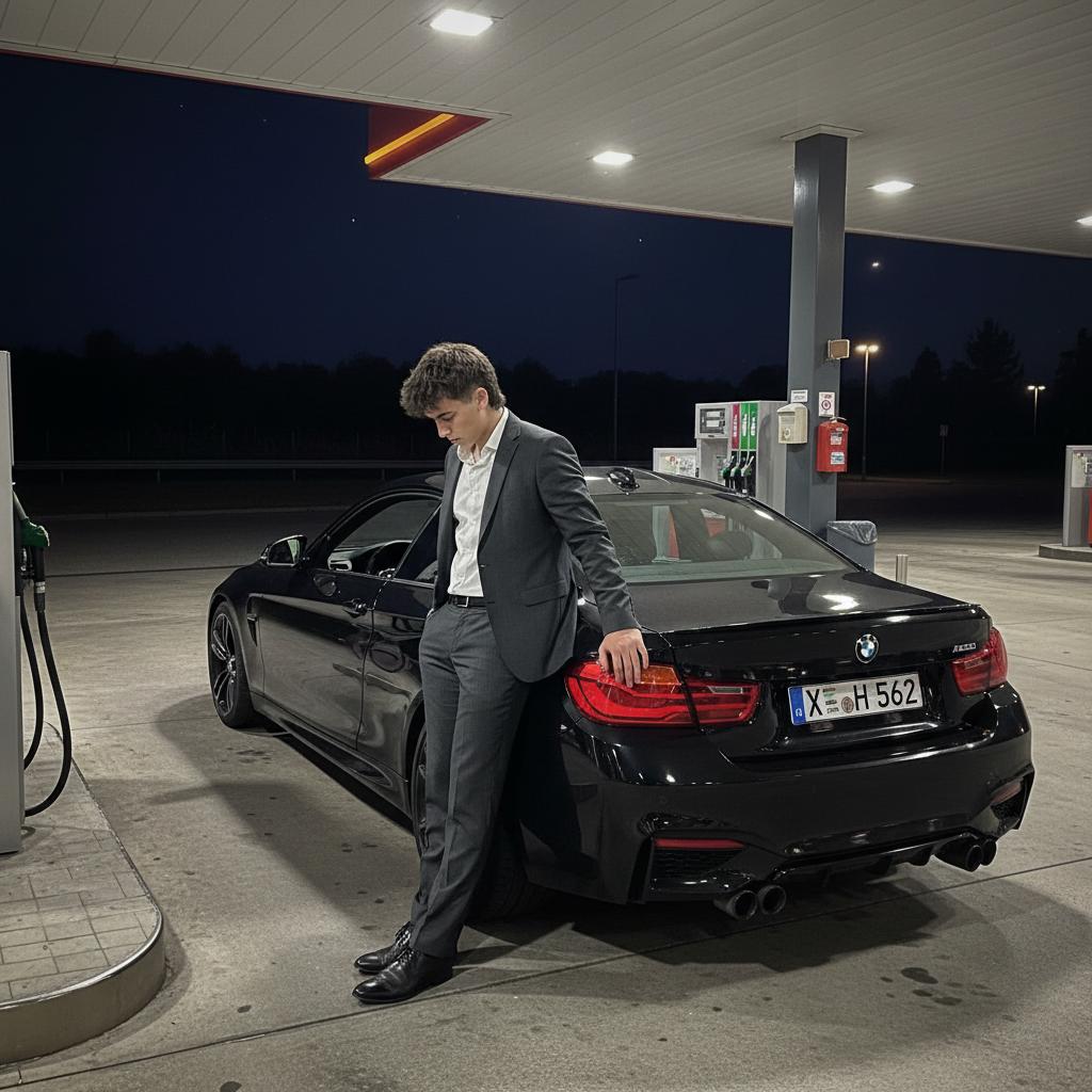 haz a este señor trajeado apoyado en un bmw negro elgante y limpio, en una gasolinera vacia de noche con unas pocas estrellas, el señor esta apoyado en el coche mirando al suelo, que se vea el logo del coche luz medio oscura pero visible