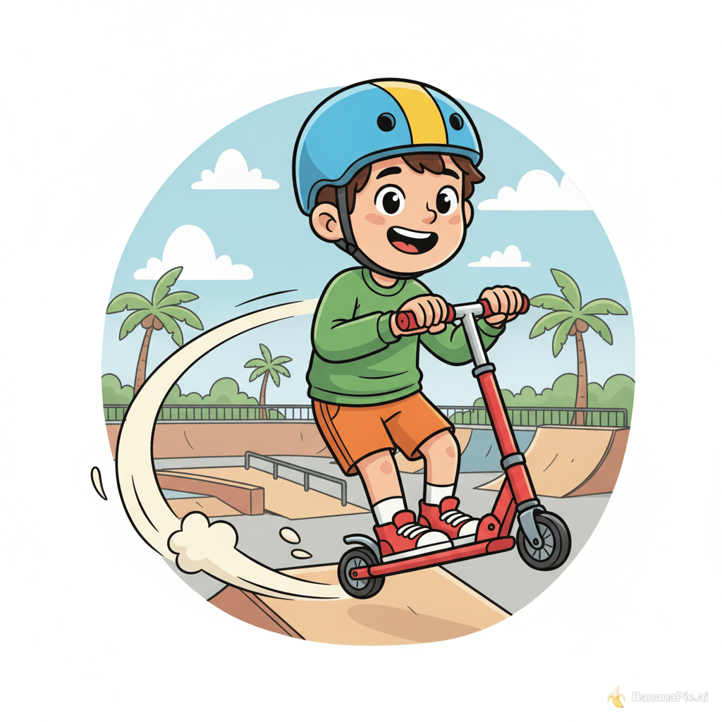 quiero a un chico
 subido en patinete con casco. que sea un dibujo
