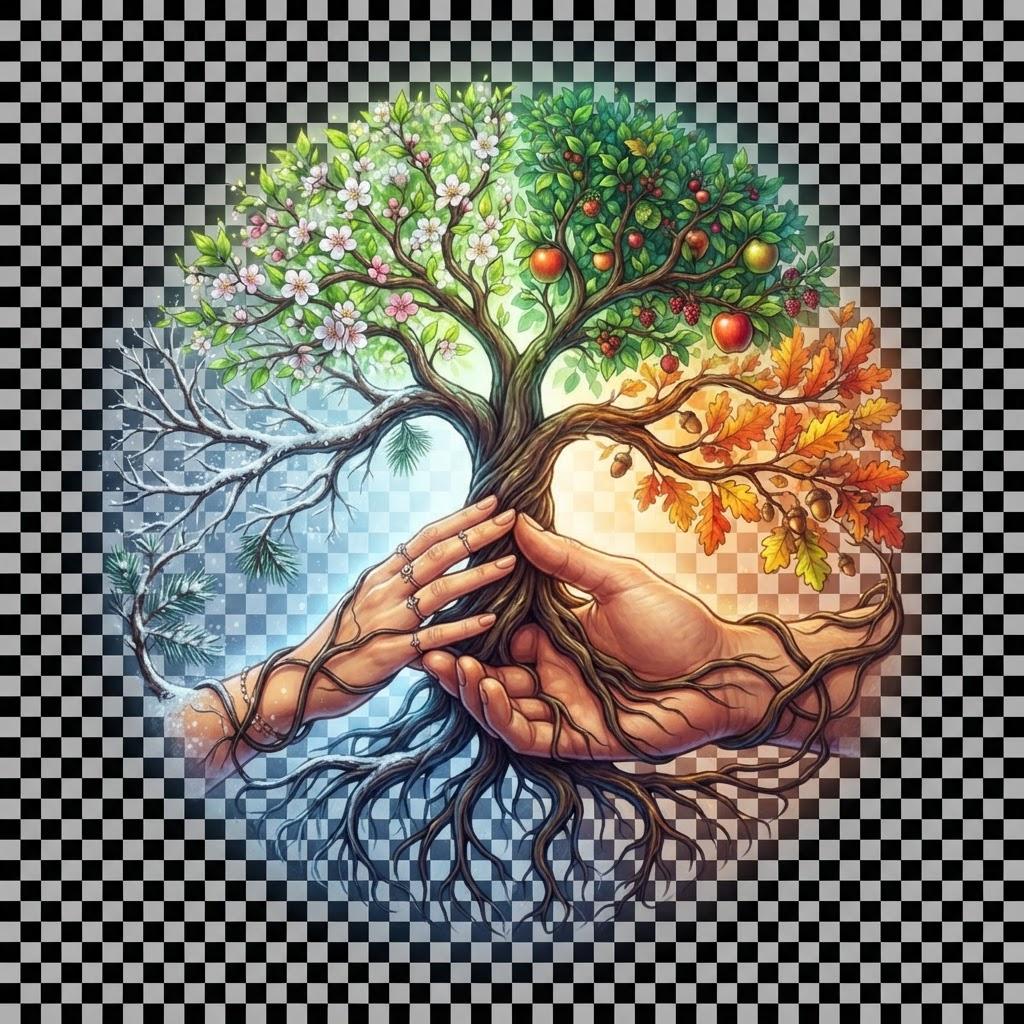zwei Hände die sich Berühren und in deren Berührungsfläche ein neuer Baum wächst, dien Wurzeln sollen die Hände umschließen und der Baum soll alle Jahreszeiten zeigen und der Hintergrund transparent sein