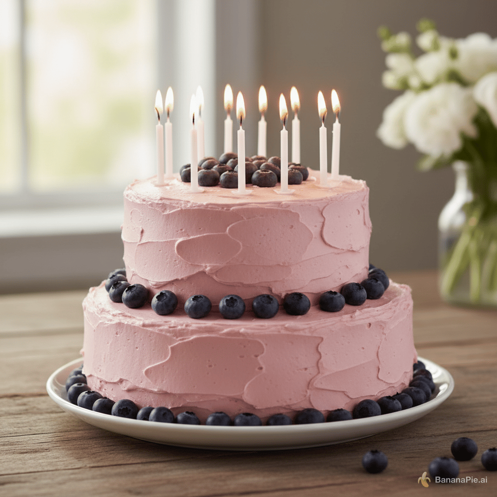 Make a two teir cake with strawberry icing and. Blueberry 
S on top with candles