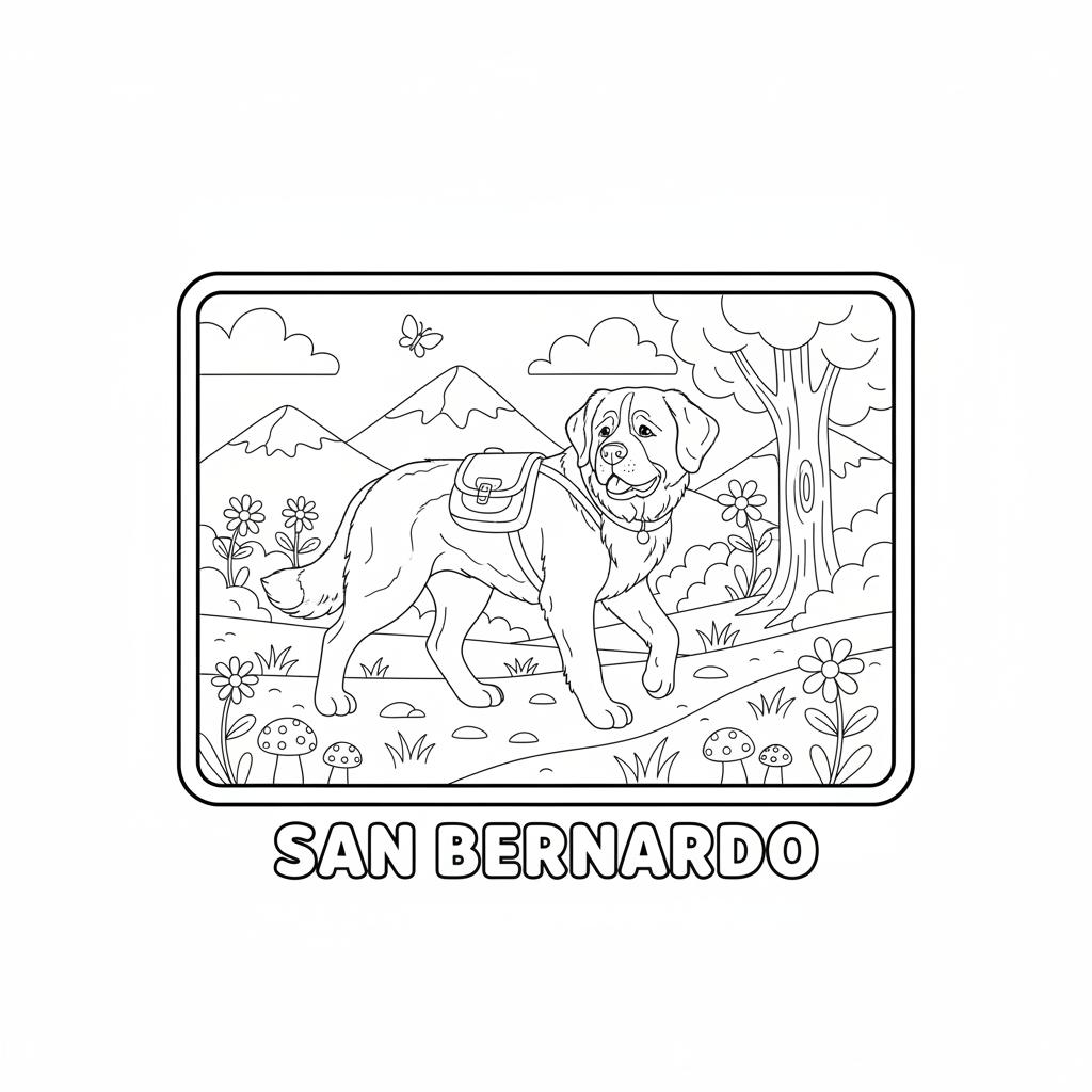 Página de libro para colorear infantil, ilustración lineal en blanco y negro,
solo contornos cerrados y definidos sobre fondo blanco puro. Sin grises, sin
sombras, sin degradados, sin tramas ni punteados, sin texturas oscuras y sin
grandes áreas negras. Dibujo realista y anatómicamente correcto, amable y
adecuado para niños: formas amplias, detalles reconocibles y espacios
interiores suficientemente grandes y fáciles de colorear.
Un único perro protagonista, de cuerpo entero, con anatomía natural y los
rasgos característicos de su raza. Sin caricaturas confusas, sin anatomías
deformes, sin extremidades extra, sin elementos cortados por el borde.
Escena de color atractiva: unos pocos elementos sencillos de entorno
(hierba, flores tipo margarita, hojas, setas, mariposa, arbusto, un árbol,
nubes redondeadas) con contornos cerrados y espacios amplios. Los elementos
de entorno no deben competir con el perro.
Composición: orientación vertical 8,5 × 11 pulgadas, sin sangrado, fondo
blanco, todo dentro del margen seguro, sin tocar ni cruzar los bordes.
Marco: un único marco rectangular de línea negra gruesa (grosor visual 4 mm)
con las cuatro esquinas redondeadas, limpias y uniformes, situado dentro del
margen seguro. Sin marcos interiores ni adornos alrededor del marco.
Texto dentro del marco, centrado en la parte inferior, debajo del dibujo y
sin taparlo: "SAN BERNARDO"en letras grandes, gruesas, legibles y en
contorno hueco (tipo burbuja), con trazos cerrados, blancas por dentro y
listas para colorear. Ortografía y acentos exactos.
Sin numeración de página, sin instrucciones, sin créditos, sin firmas, sin
marcas de agua, sin logotipos y sin ningún otro texto.
Escena: Caminando tranquilo por un sendero alpino con una pequeña mochila decorativa; montañas redondeadas y flores de montaña.
Revisa antes de terminar: exactamente cuatro patas, una sola cabeza, cola completa, cuerpo entero dentro del
marco, texto escrito letra por letra y sin faltas
mas optimizado para colorear