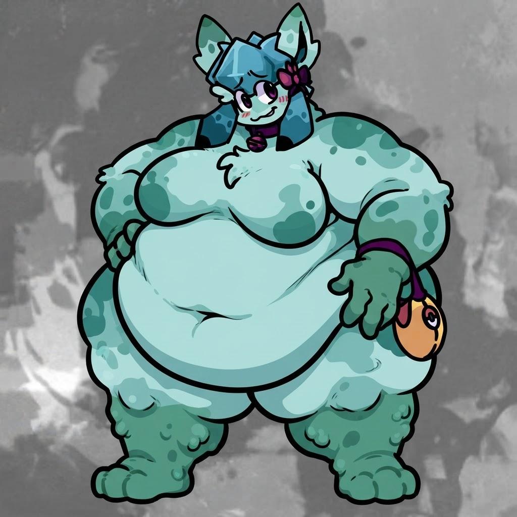Edit the anthropomorphic female character to look morbidly obese