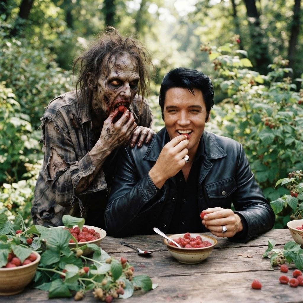 generate elvis presley with a zombie bbehind him while they eat raspberries