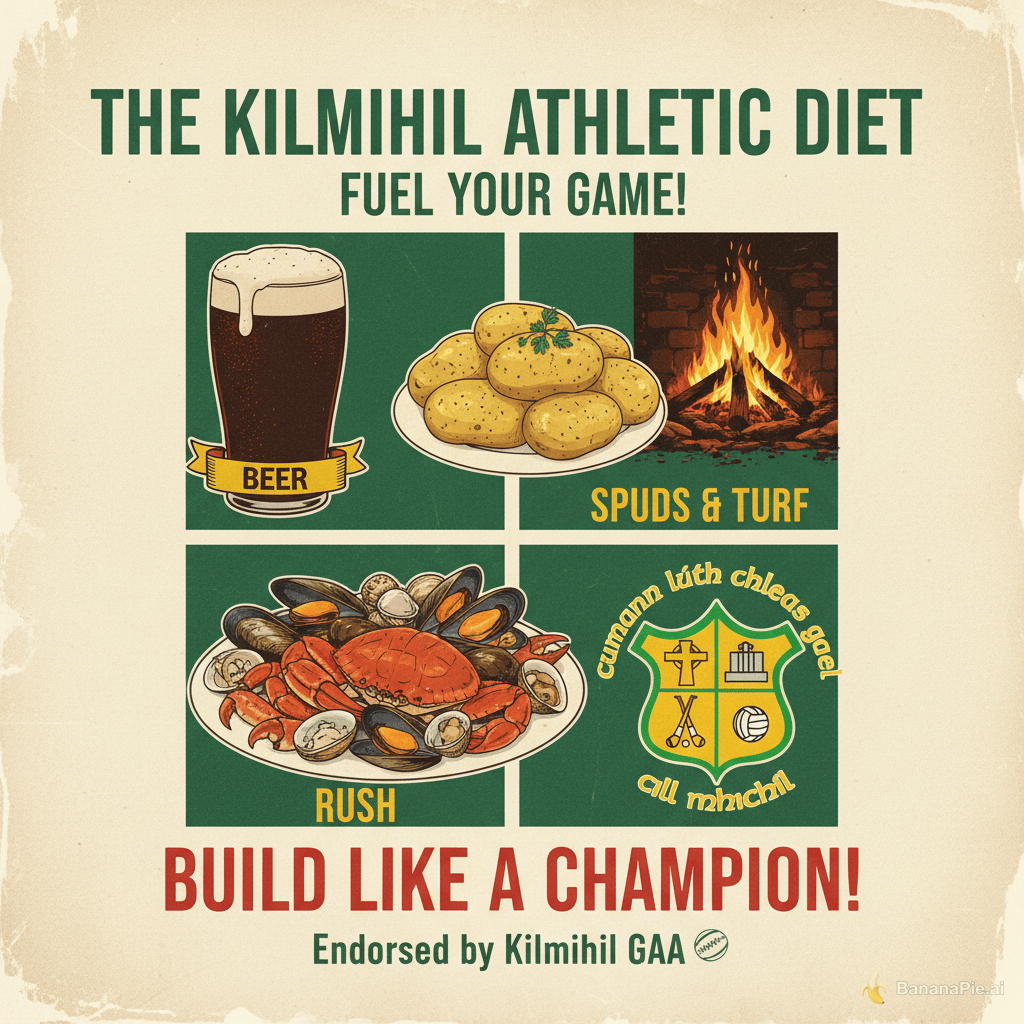make a diet poster where the diest is rush beer spuds and turf and have a kilmihil football badge in there