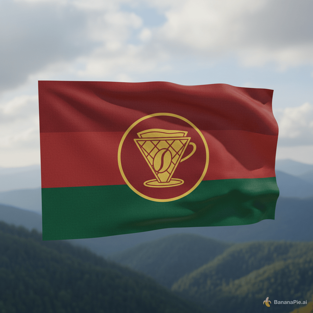 To show you what my home is all about, I designed this flag.
The deep red represents our rich basalt soil. The green stands for our endless mountain forests. But the most important part is the center: a golden coffee bean inside a traditional drip filter.