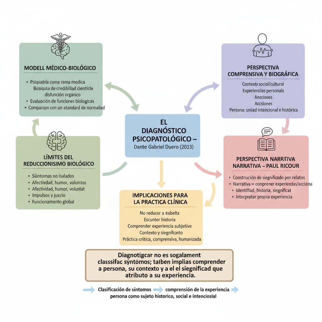 Crear una infografía conceptual académica y detallada, en español, basada en el artículo de Dante Gabriel Duero (2013), El diagnóstico psicopatológico: características y supuestos epistemológicos en los que se sustenta.
Tema central, ubicado en el centro:
“EL DIAGNÓSTICO PSICOPATOLÓGICO – Dante Gabriel Duero (2013)”
Diseñar el contenido como un cuadro sinóptico visual, organizado de izquierda a derecha mediante ramas y conexiones claras. Utilizar una estética universitaria, profesional, limpia y humanizada, apropiada para un trabajo de Psicología.
Utilizar una paleta de colores pastel suaves y armónicos: azul pastel, verde salvia, lavanda, rosa empolvado, amarillo crema y beige. Fondo claro, tipografía oscura y altamente legible.
Organizar cinco grandes bloques alrededor del concepto central:
MODELO MÉDICO-BIOLÓGICO
Psiquiatría como rama médica
Búsqueda de credibilidad científica
Trastorno entendido como posible disfunción orgánica
Evaluación de funciones biológicas
Comparación con un estándar de normalidad
Icono sugerido: cerebro + símbolo médico.
LÍMITES DEL REDUCCIONISMO BIOLÓGICO
El sufrimiento psicológico no puede reducirse únicamente a lo orgánico
Los síntomas no deben analizarse de forma aislada
Importancia de afectividad, humor, voluntad, impulsos y juicio
Necesidad de considerar el funcionamiento global de la persona
Icono sugerido: cerebro dividido o pieza de rompecabezas.
PERSPECTIVA COMPRENSIVA Y BIOGRÁFICA
Historia de vida
Contexto social y cultural
Experiencias personales
Marcos interpretativos
Acciones
Personalidad
Persona como unidad intencional e histórica
Icono sugerido: silueta humana con una línea de vida.
PERSPECTIVA NARRATIVA – PAUL RICOEUR
La persona construye significado mediante relatos
La narrativa permite comprender experiencias y acciones
Relación entre identidad, historia y significado
Comprender cómo la persona interpreta su propia experiencia
Icono sugerido: diálogo, libro abierto o bocadillo de conversación.
IMPLICACIONES PARA LA PRÁCTICA CLÍNICA
No reducir a la persona a una etiqueta diagnóstica
Escuchar su historia
Comprender su experiencia subjetiva
Considerar contexto y significado
Integrar dimensiones biológicas, psicológicas, sociales e históricas
Favorecer una práctica clínica crítica, comprensiva y humanizada
Icono sugerido: psicólogo conversando con una persona.
En la parte inferior, incluir una conclusión visual destacada:
“Diagnosticar no es solamente clasificar síntomas; también implica comprender a la persona, su historia, su contexto y el significado que atribuye a su experiencia.”
Utilizar flechas y líneas suaves para mostrar la transición conceptual:
Clasificación de síntomas → comprensión de la experiencia → persona como sujeto histórico, social e intencional
La composición debe ser equilibrada, visualmente atractiva y fácil de estudiar. No saturar los bloques con texto. Utilizar palabras clave y frases breves. Mantener una jerarquía clara entre título, conceptos principales y conceptos secundarios. Evitar fotografías realistas; utilizar ilustraciones vectoriales minimalistas, iconos psicológicos y elementos gráficos delicados. El resultado debe parecer una infografía universitaria de Psicología de alta calidad, no una presentación infantil.