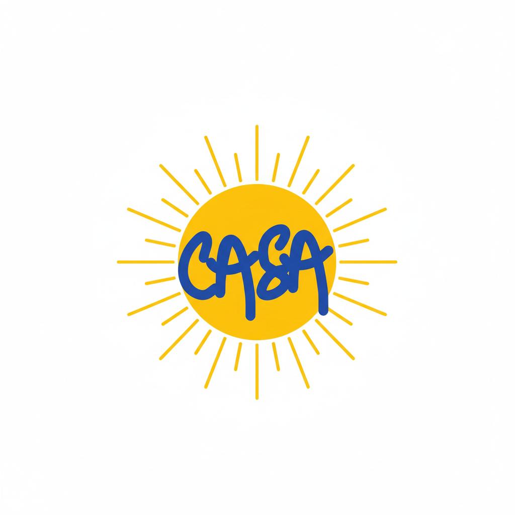 Unir estilos en un logo con un sol con rayos y dentro la palabra casa con es tipografía en azul Klein , fondo blanco imagen general , quitar la imagen de la casa