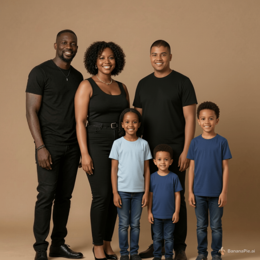 make me shorter and a little darker, make the 2 little boys shorter and make the mom and little girl lighter skin tone