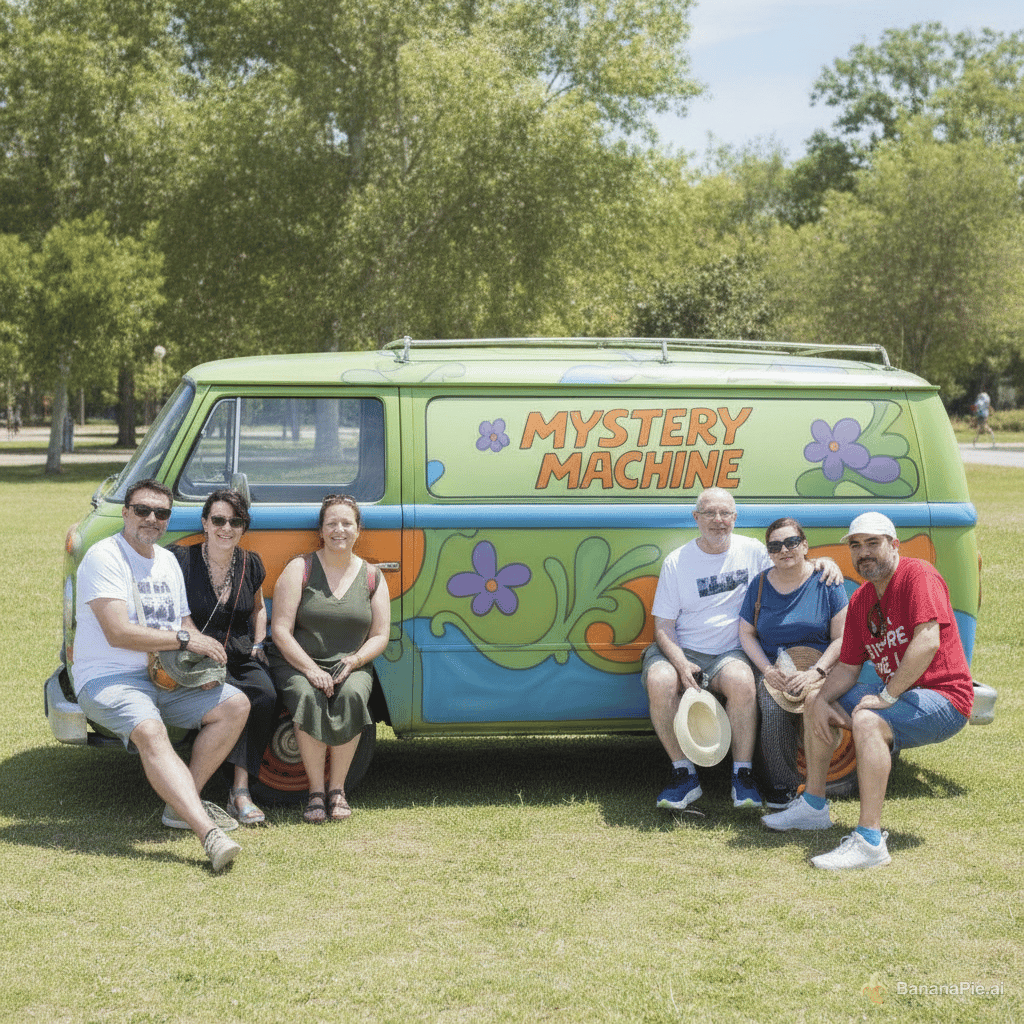 Quiero que selecciones las personas de la foto y las pongas alrededor de la furgoneta de Scooby doo