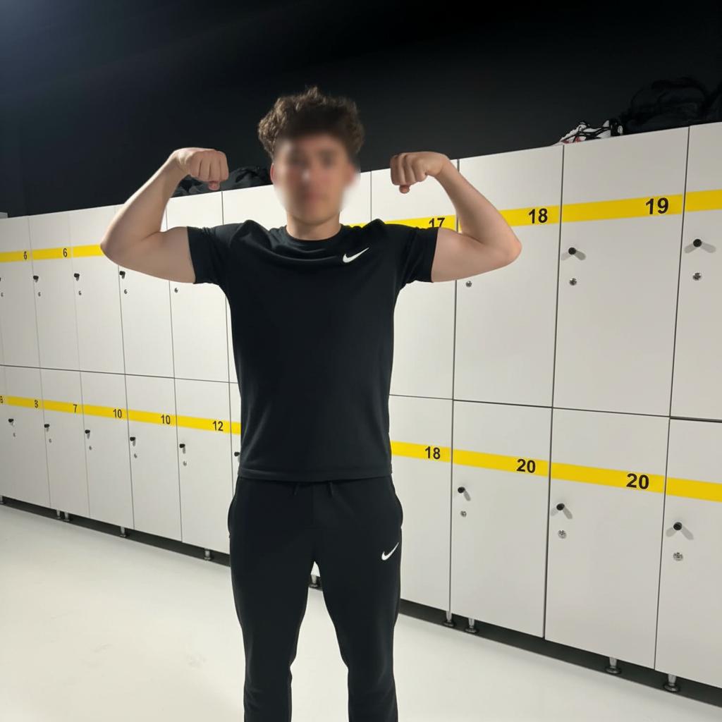 dodaj czarną koszulke nike i czarne spodnie nike i zbluruj mi twarz ale zrob to wszystko bardzo realistycznie