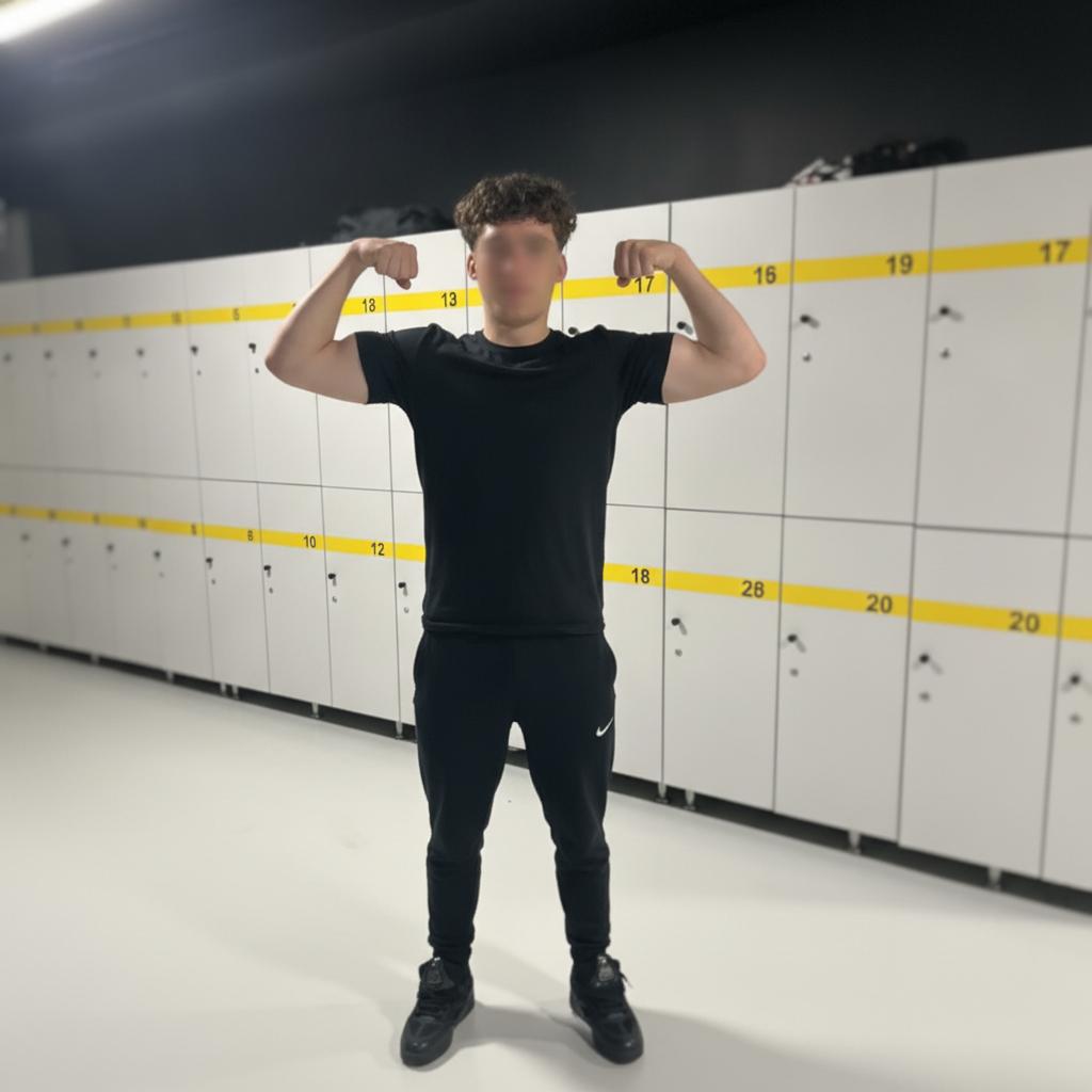 dodaj czarną koszulke nike i czarne spodnie nike i zbluruj mi twarz ale zrob to wszystko bardzo realistycznie i zrob troszke wieksze mięśnie