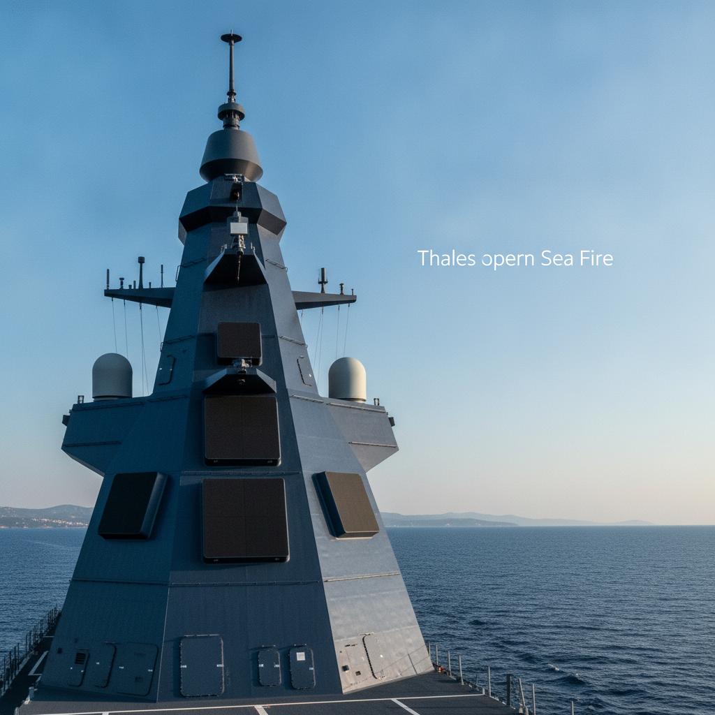 A dramatic, high-quality, cinematic low-angle photograph of the modern integrated sensor mast of an advanced naval stealth frigate, featuring flat AESA radar panels (like the Sea Fire radar). Clear blue sky over the Aegean Sea in the background. Dark navy blue tones, professional, highly detailed, photorealistic. The composition leaves plenty of clean negative space on the upper right side for white presentation text. 16:9 aspect ratio.