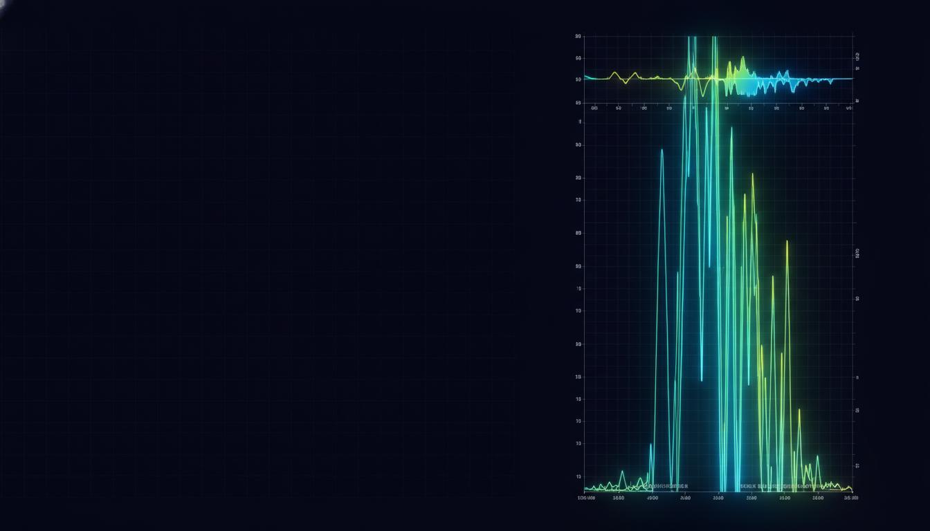 A high-tech digital RF signal waterfall display and spectrogram. Dark navy blue background with vivid, glowing digital signals in neon green, light blue, and yellow colors cascading downwards. Scientific, professional, data analysis concept. Clean aesthetic suitable for an academic presentation background, highly detailed. Space for text on the left side. 16:9 aspect ratio.