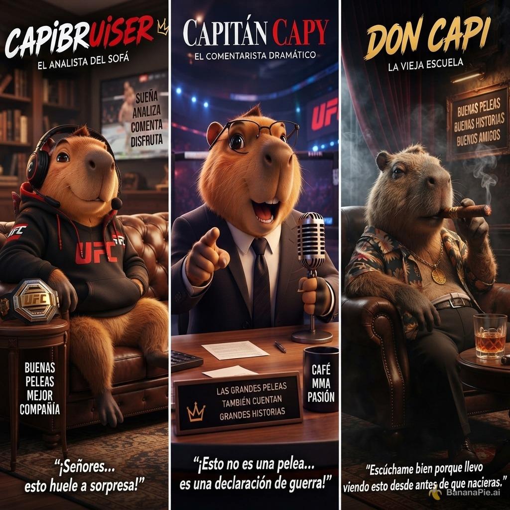 Ultra detailed anthropomorphic capybara mascot, Pixar-inspired 3D character, cinematic animated movie quality, expressive face, large friendly eyes, soft orange-brown fur, rounded cheeks, adorable smile, premium character design, highly detailed realistic fur, stylized realism.
The capybara is a charismatic MMA and UFC commentator. He wears a black UFC hoodie with red details, professional gaming headset with microphone, sitting comfortably in a cozy streaming studio. Warm orange and blue cinematic lighting, depth of field, bokeh lights, ultra realistic textures, dramatic shadows, highly detailed whiskers and fur strands.
Professional YouTube mascot design, friendly and trustworthy personality, funny and charismatic, confident sports analyst. High-end 3D render, Unreal Engine quality, Pixar style, Disney-inspired 3D animation style, volumetric lighting, global illumination, masterpiece, ultra sharp focus, vibrant colors, movie poster quality.
Background: UFC-themed streaming room, championship belt on display, desk microphone, soft ambient lights, gaming setup, cinematic atmosphere.
Expression: slightly amused, intelligent, confident, relaxed commentator.
No text, no watermark, no logo, no extra animals, no distorted face, no extra limbs, no blurry details.