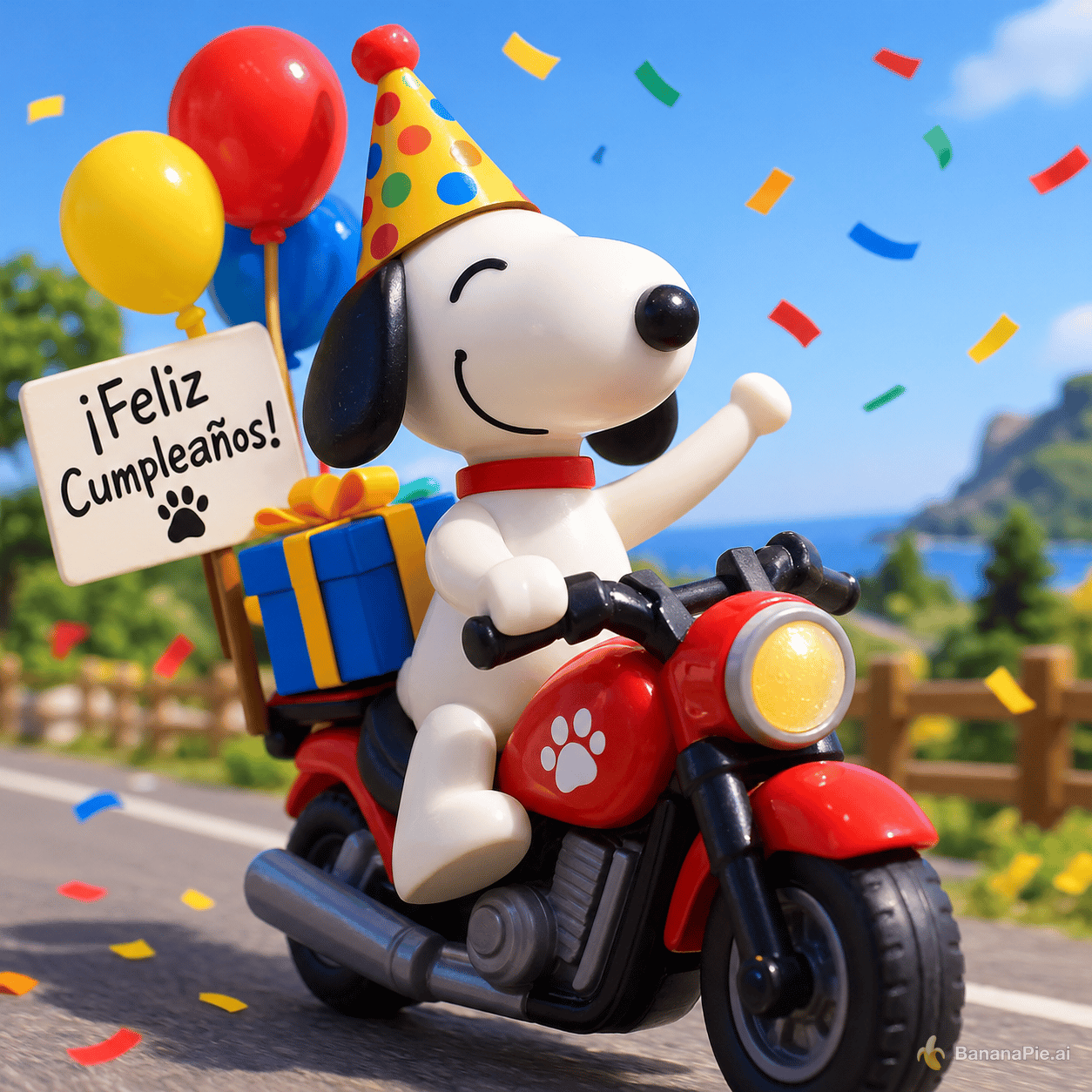 genera una imagen de un play mobil en una moto que está feliz porque es su cumpleaños. si además se parece a snoopy, mejor todavía.