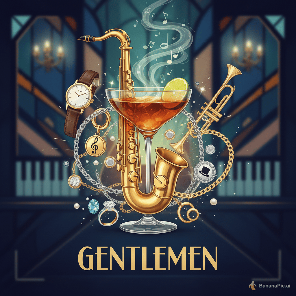 HAZME una portada par auna cancion que sea tipo estetica jazz en el centro predominando una copa de cubtata o lo que sea como con forma de saxofon. y alrededor pon distintas joyas como relojes cadenas etc con titulo gentlemen abajo