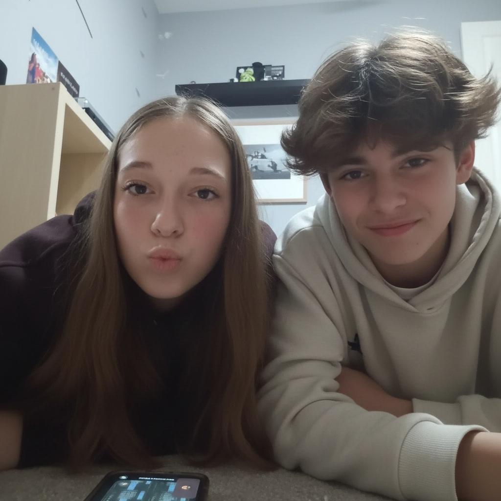 Next to me add a realistic 14 year old boy who has the style of this generation with fluffy hair and brunnette