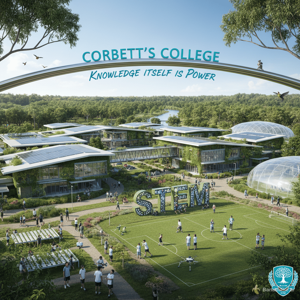 corbett's college is a school for grades 1-12, its the number one school for both academic and sport excellence in queensland, specialising in stem programs, an extremely eco-friendly school, the motto is 'knowledge itself is power', signature colours green, turquoise, blue, white. create a website homepage for corbett's college - including a principles address, enrollment button, navigation menu, and upcoming events and contact info