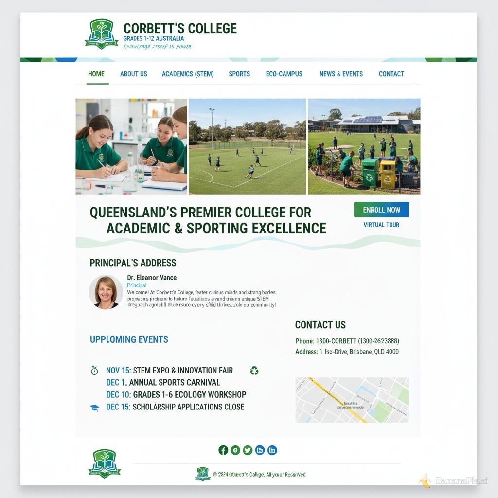 corbett's college is a school for grades 1-12, its the number one school for both academic and sport excellence in queensland, specialising in stem programs, an extremely eco-friendly school, the motto is 'knowledge itself is power', signature colours green, turquoise, blue, white. create a WEBSITE homepage for corbett's college - including a principles address, enrollment button, navigation menu, and upcoming events and contact info