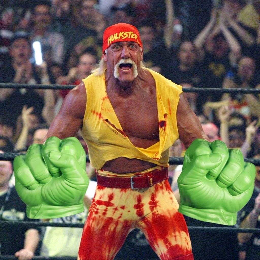 use the first image of hulk hogan as the basis for a new image and modify it using the blue character and the green foam hulk gloves from the second image